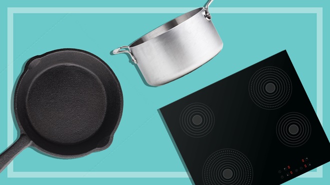 saucepan frypan and induction cooktop on a teal background
